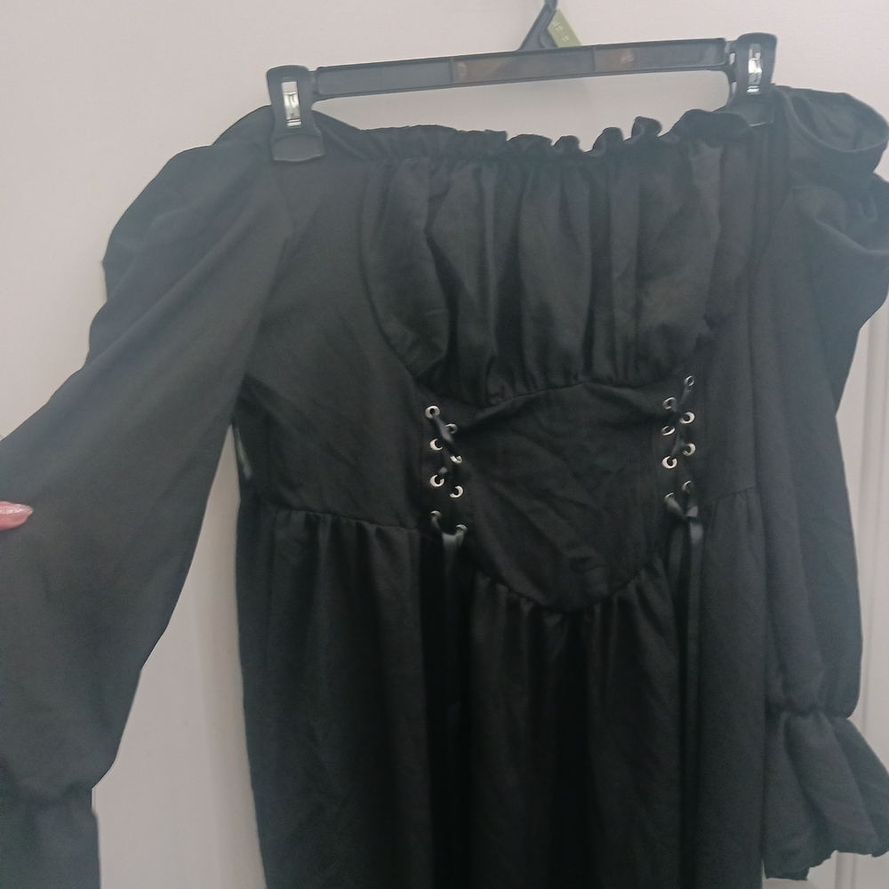 Black Off-Shoulder Dress with Lace-Up Detail - Picture 2 of 9